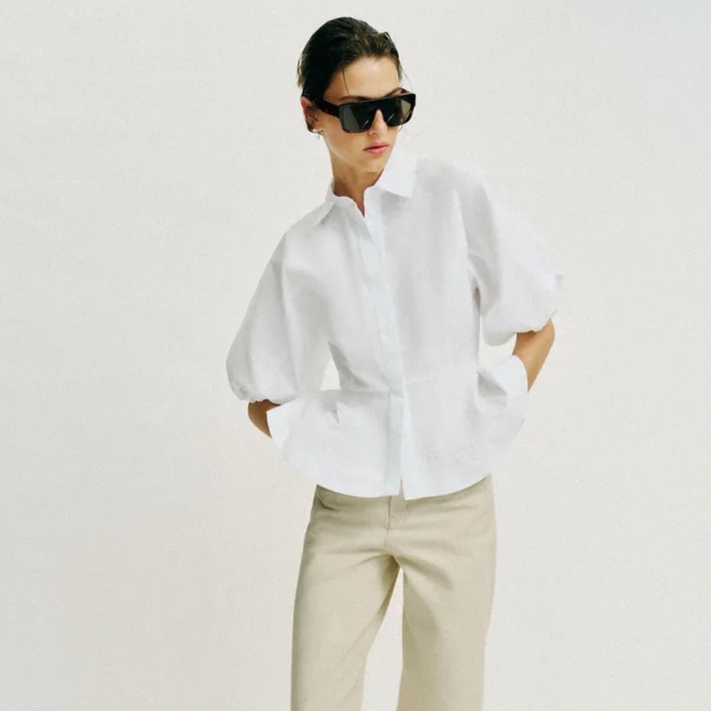ZARA White Cotton Poplin Balloon Sleeve Top Flared Hem Hidden Button Shirt Large